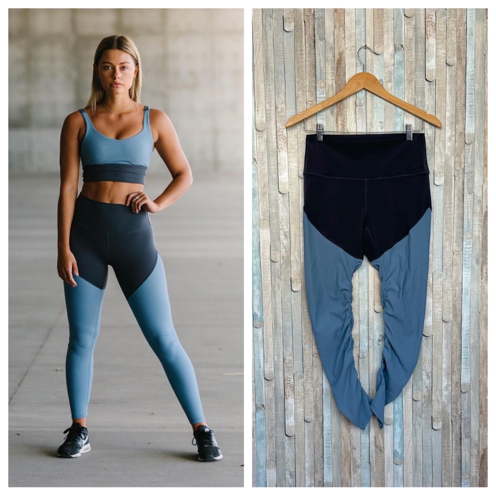 Zyia Active 6 8‎ Storm Parallel Luxe Hi Rise High Waist Ribbed Legging Blue Gray